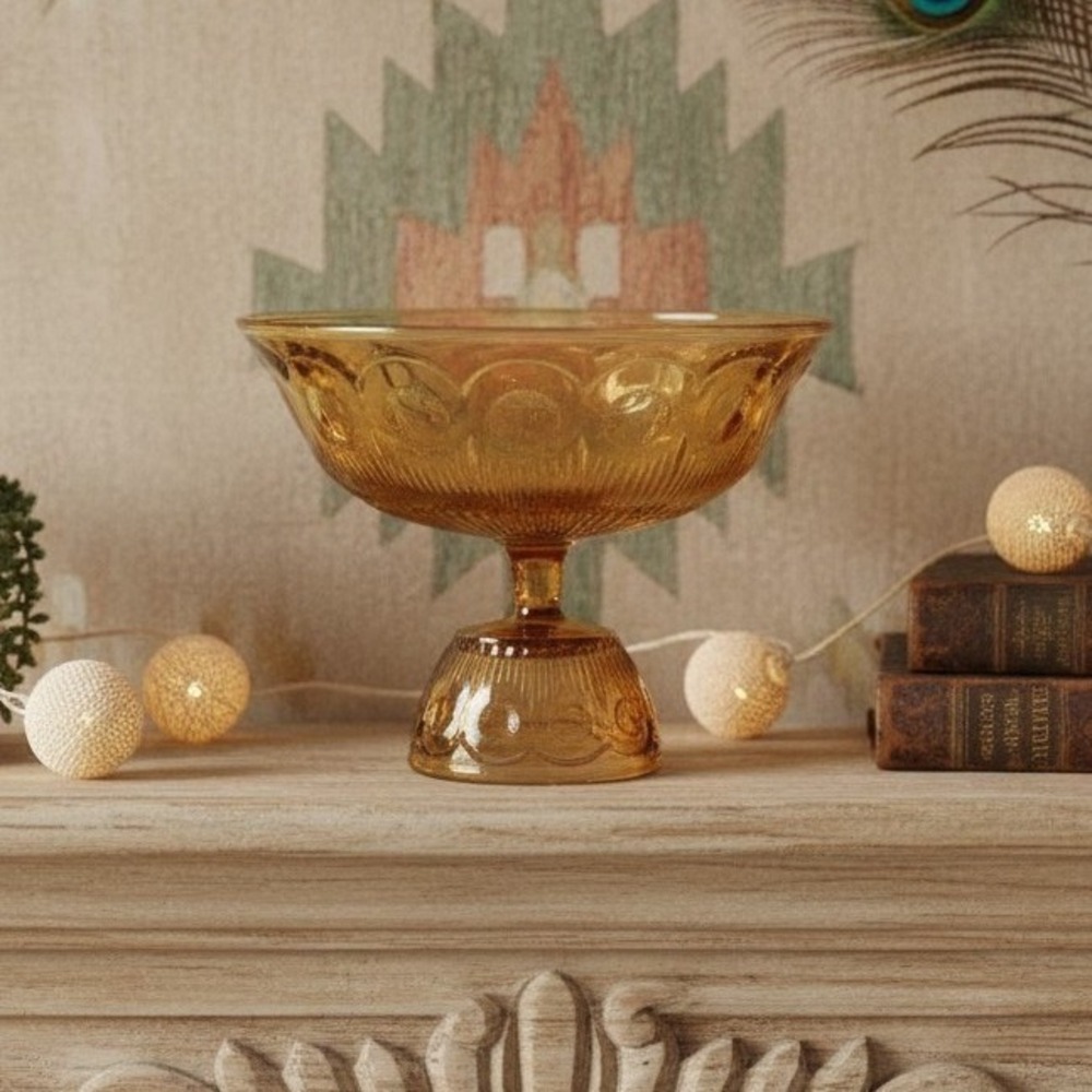 Bartlett Collins Amber Compote, Vtg St. Genevieve Patterned Pedestal Centerpiece